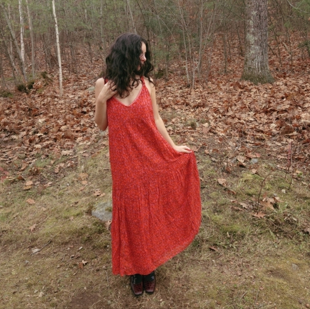 Cotton Tiered Pink And Red Maxi Dress